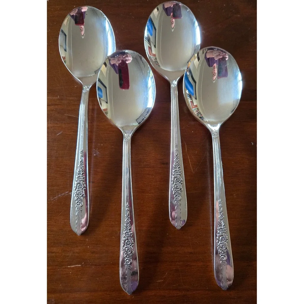 Nobility Plate Royal Rose Silver Plated Soup Spoons Set of 4 Vintage Flatware